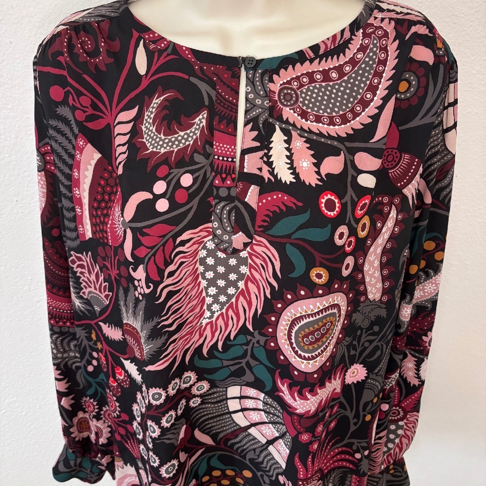 Loft Floral Paisley Black Burgandy Lons Sleeve Blouse Keyhole Front Sz L